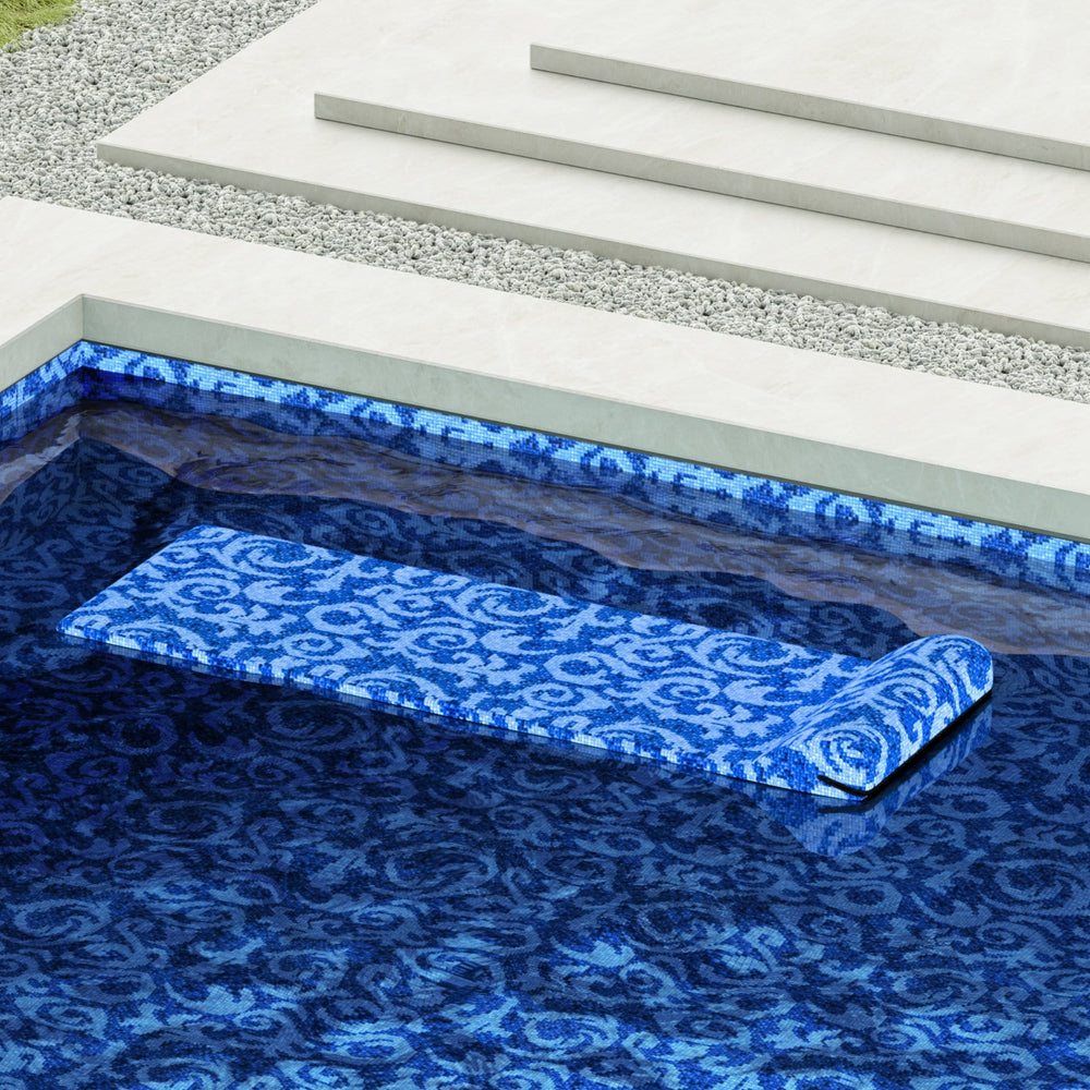 
                  
                    Load image into Gallery viewer, Acqua Blu pool float drifting in pool with a matching luxury liner.
                  
                