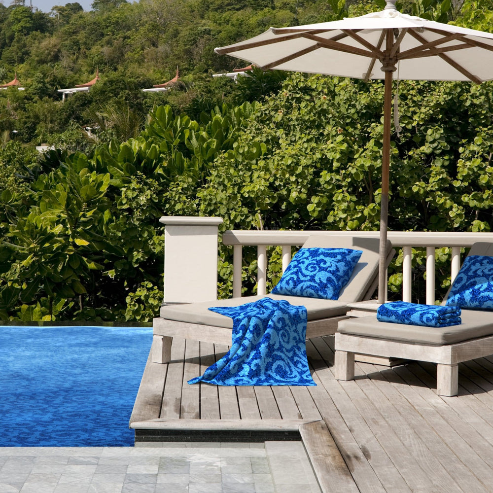 
                  
                    Load image into Gallery viewer, Resort living with Acqua Blu Pillow covers and Beach Towels.
                  
                
