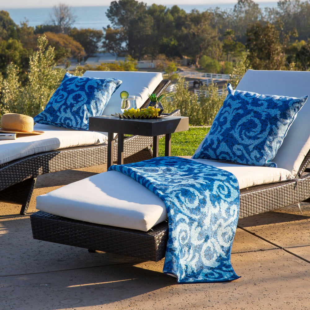 
                  
                    Load image into Gallery viewer, Poolside relaxing with Acqua Blu Pillow Covers and Beach Towels.
                  
                