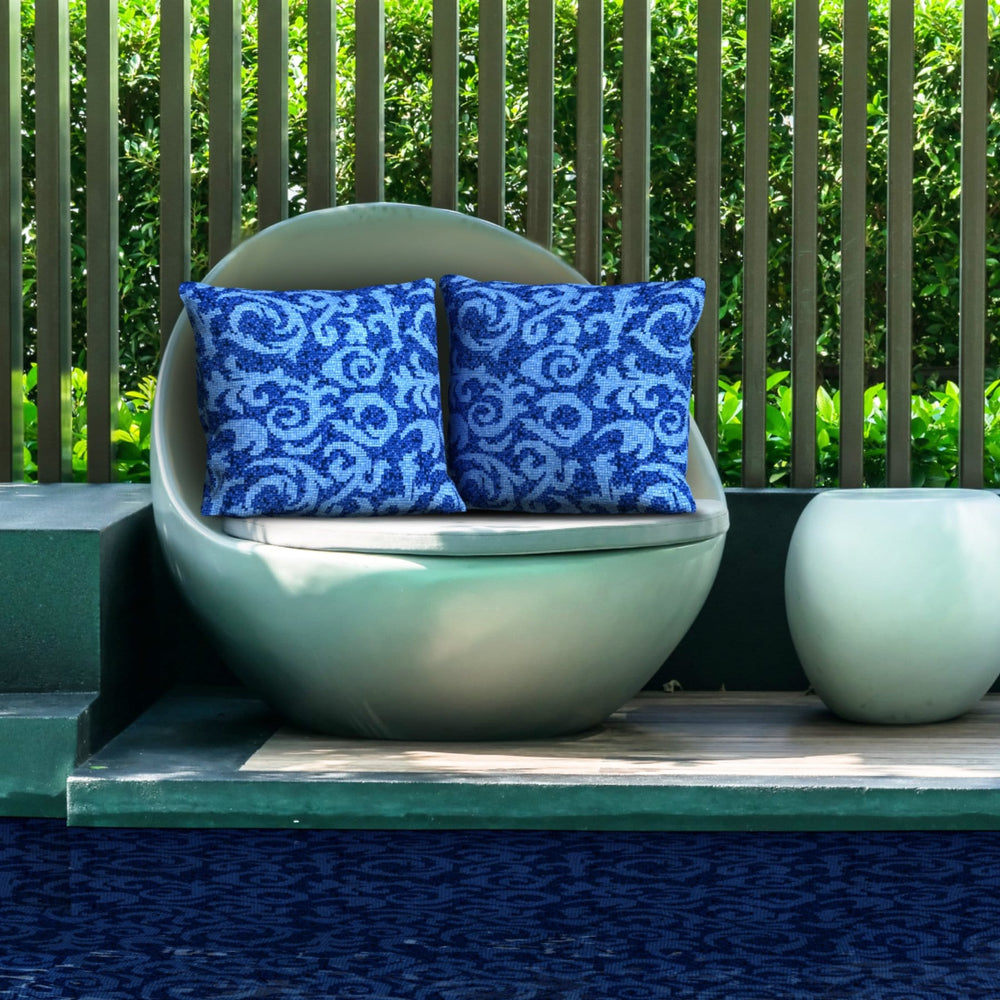
                  
                    Load image into Gallery viewer, Poolside seating featuring Acqua Blu pillow covers.
                  
                