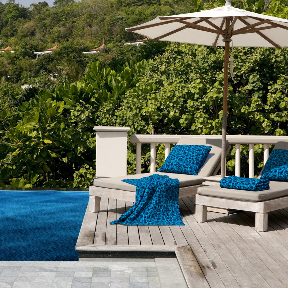 Resort living with Indigo Seas Pillow covers and Beach Towels.